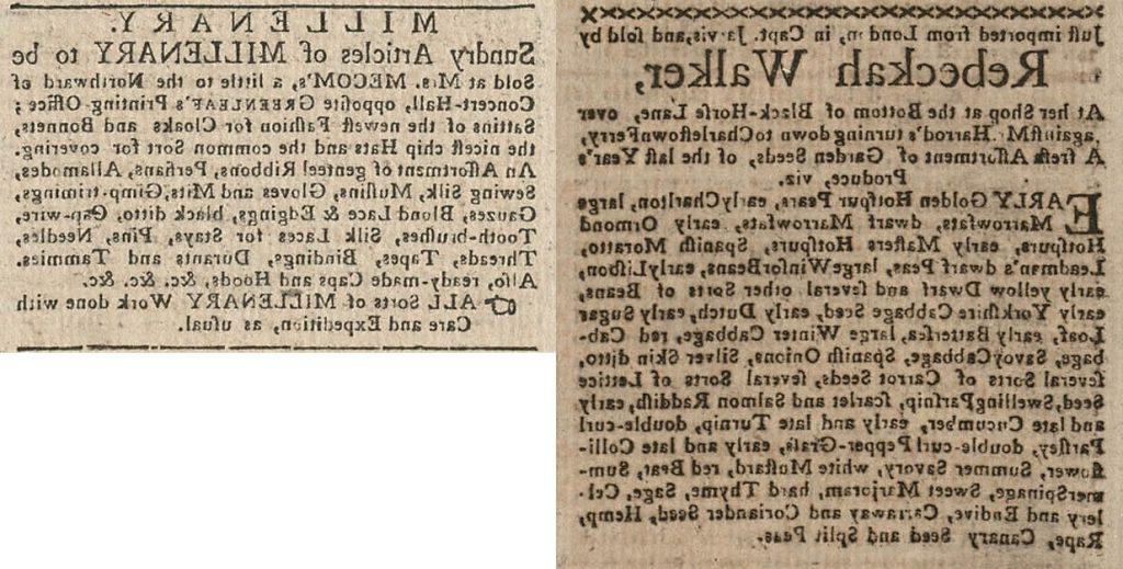 Two clippings from the Boston Gazette and Country Journal showing advertisements placed by Rebeckah Walker and Mrs. Mecom for their businesses. Both advertisements include lists of available products. 