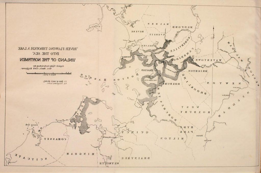 Engraved map of Boston Harbor and surrounding Massachusetts towns, with an x mark next to the river in Watertown