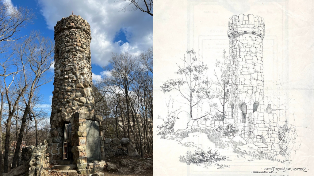 (left) Engraving of a stone-block turret, with a small drawing of a man pointing off to the side with a cane to show scale. (right) Photograph of same stone-block tower, with iron grille door swung open, and an inscribed stone tablet imbedded in the front.